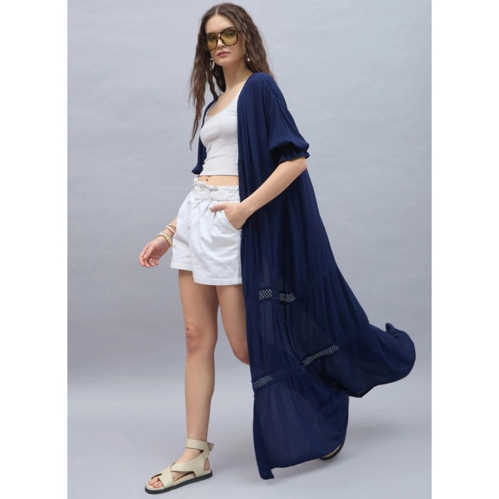 Women'S Rayon Crepe Lace Inserts 3-4Th Sleeve Shrug (Navy)