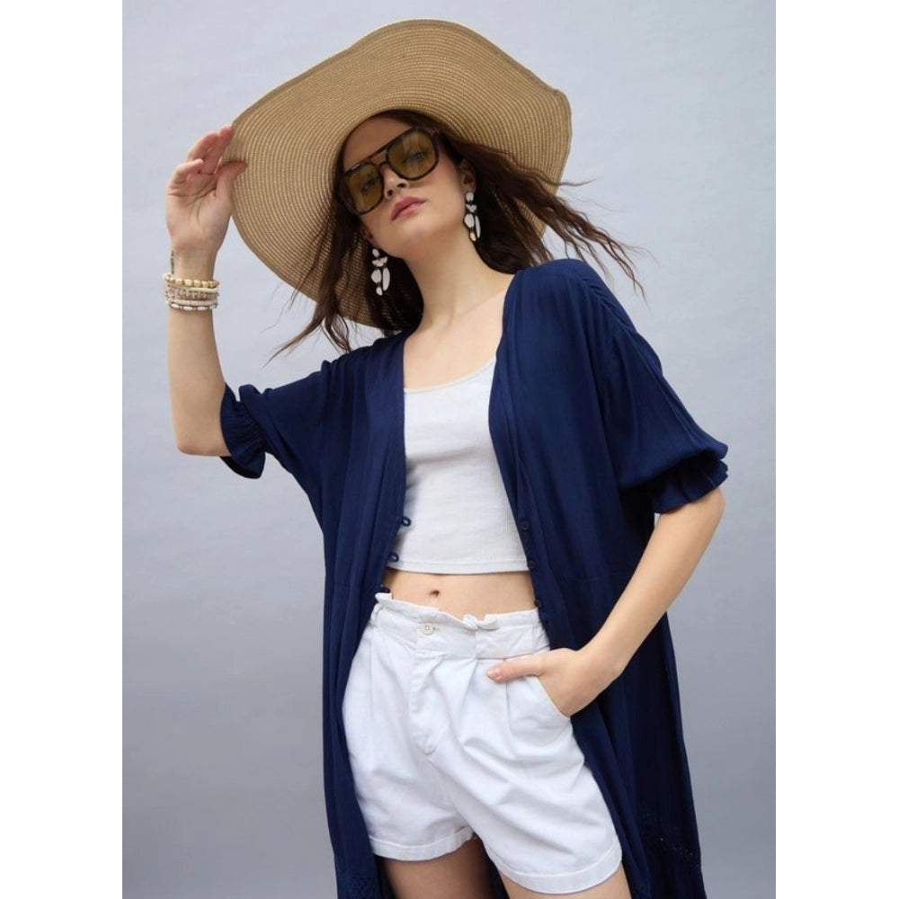 Women'S Rayon Crepe Lace Inserts 3-4Th Sleeve Shrug (Navy)