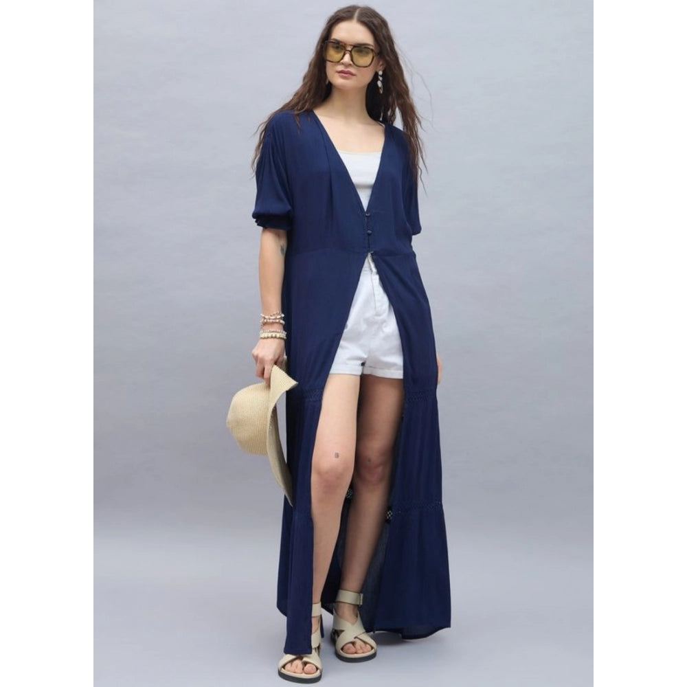 Women'S Rayon Crepe Lace Inserts 3-4Th Sleeve Shrug (Navy)