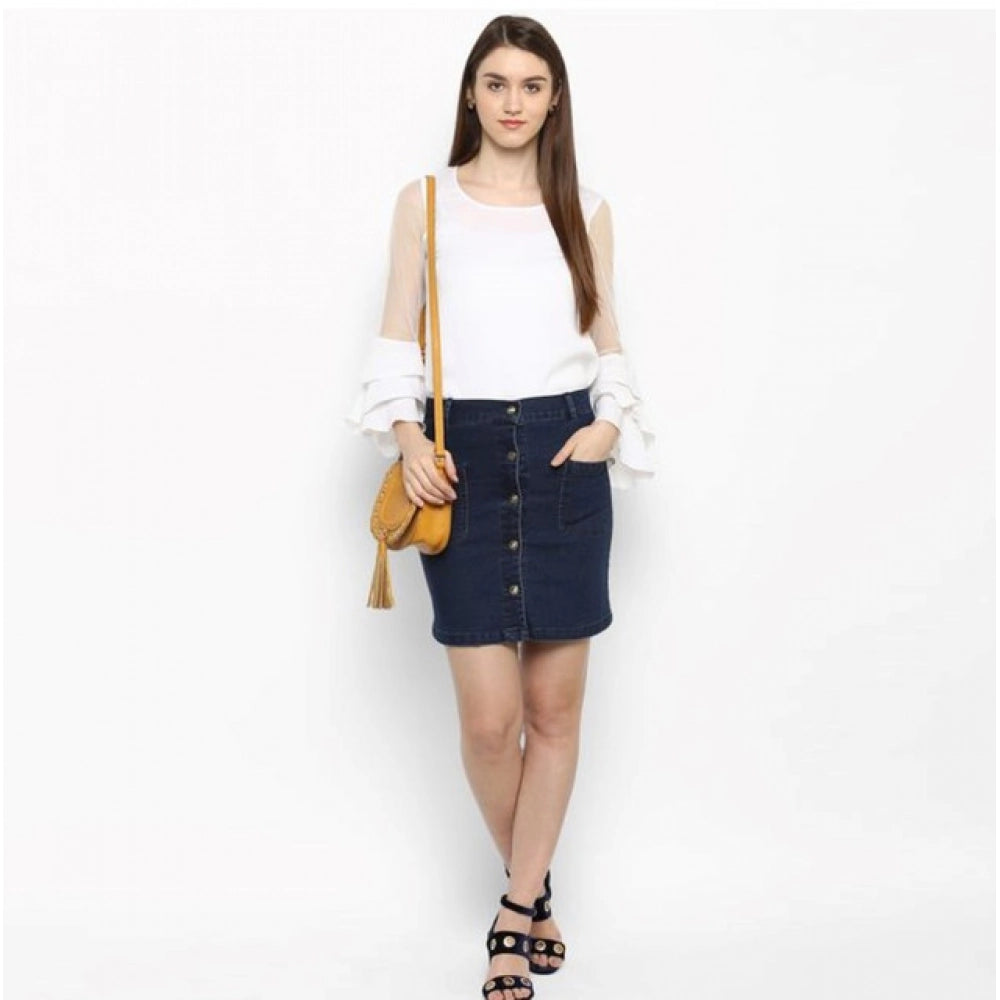 Women's Denim Front Button Buttoned Skirt (Blue) - VANSHELLE