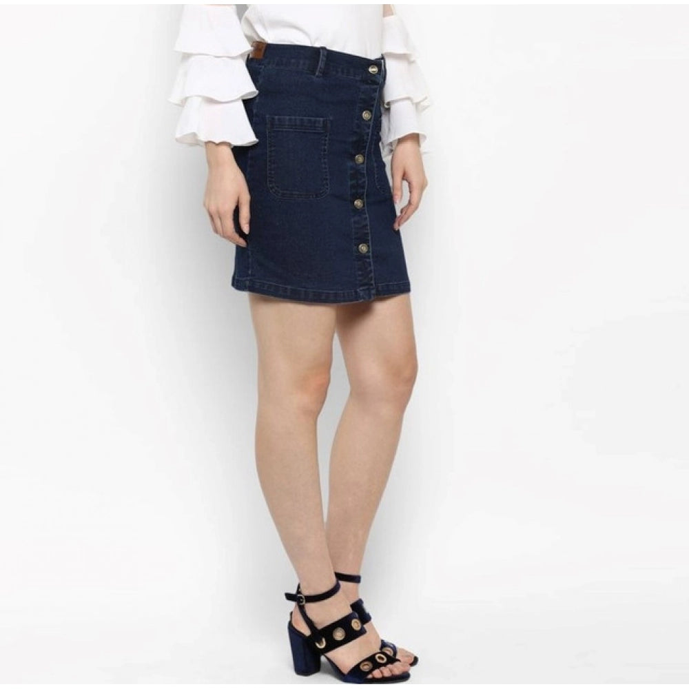 Women's Denim Front Button Buttoned Skirt (Blue) - VANSHELLE