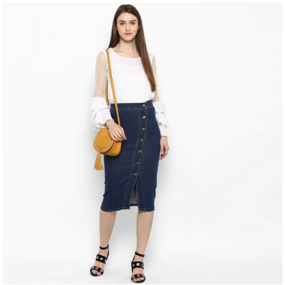 Women's Denim Front Button Buttoned Skirt (Blue) - VANSHELLE