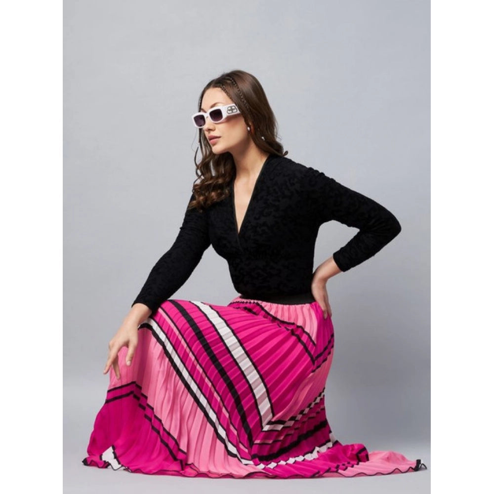 Women'S Satin Pleated Elasticated Skirt (Pink)
