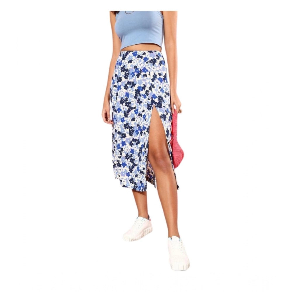 Women'S Polyester Floral Side Zip Skirt (Blue - White)