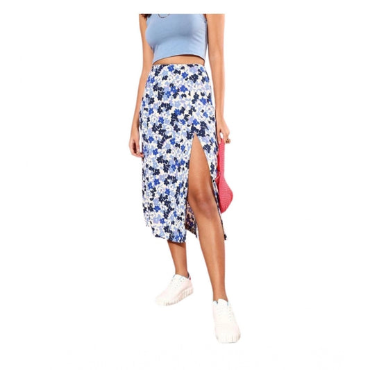 Women'S Polyester Floral Side Zip Skirt (Blue - White)
