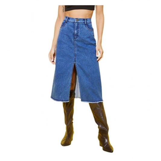 Women'S Denim Solid Buttoned Skirt (Blue)
