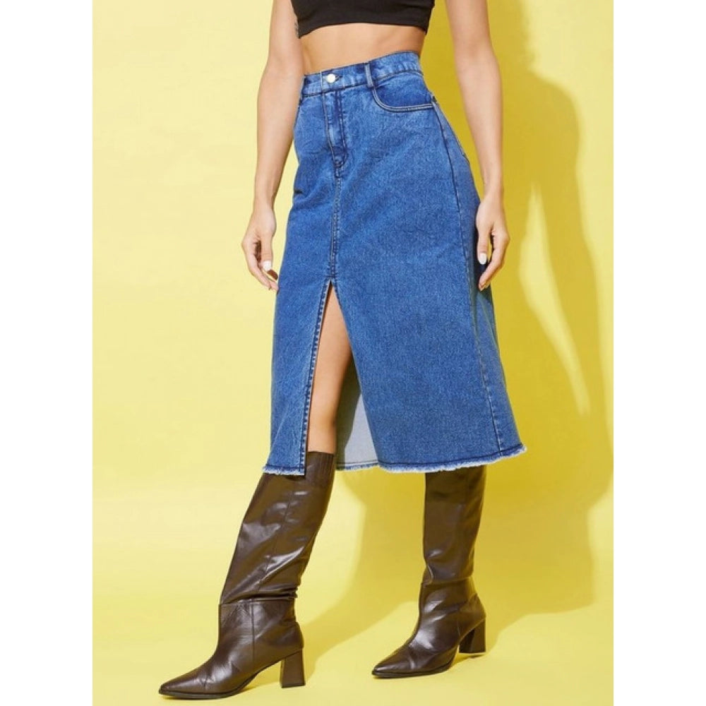 Women'S Denim Solid Buttoned Skirt (Blue)
