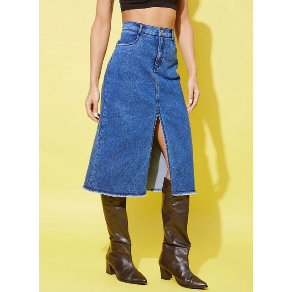 Women'S Denim Solid Buttoned Skirt (Blue)