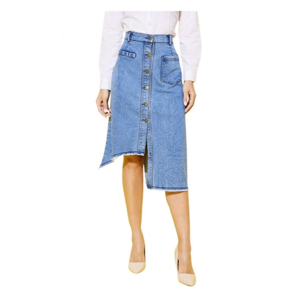 Women'S Denim Hi Lo Buttoned Skirt (Blue)