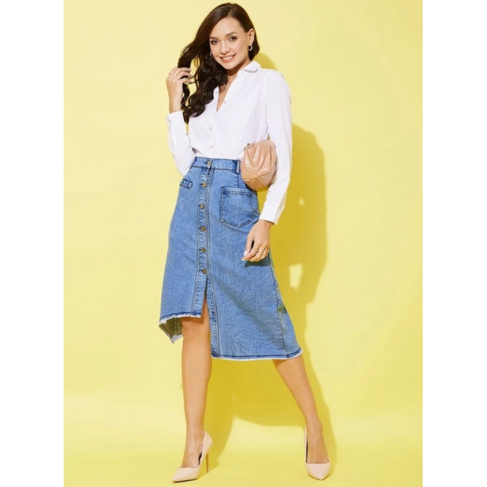 Women'S Denim Hi Lo Buttoned Skirt (Blue)