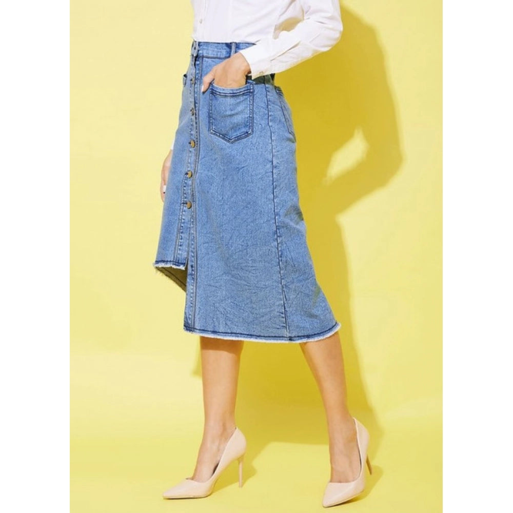 Women'S Denim Hi Lo Buttoned Skirt (Blue)