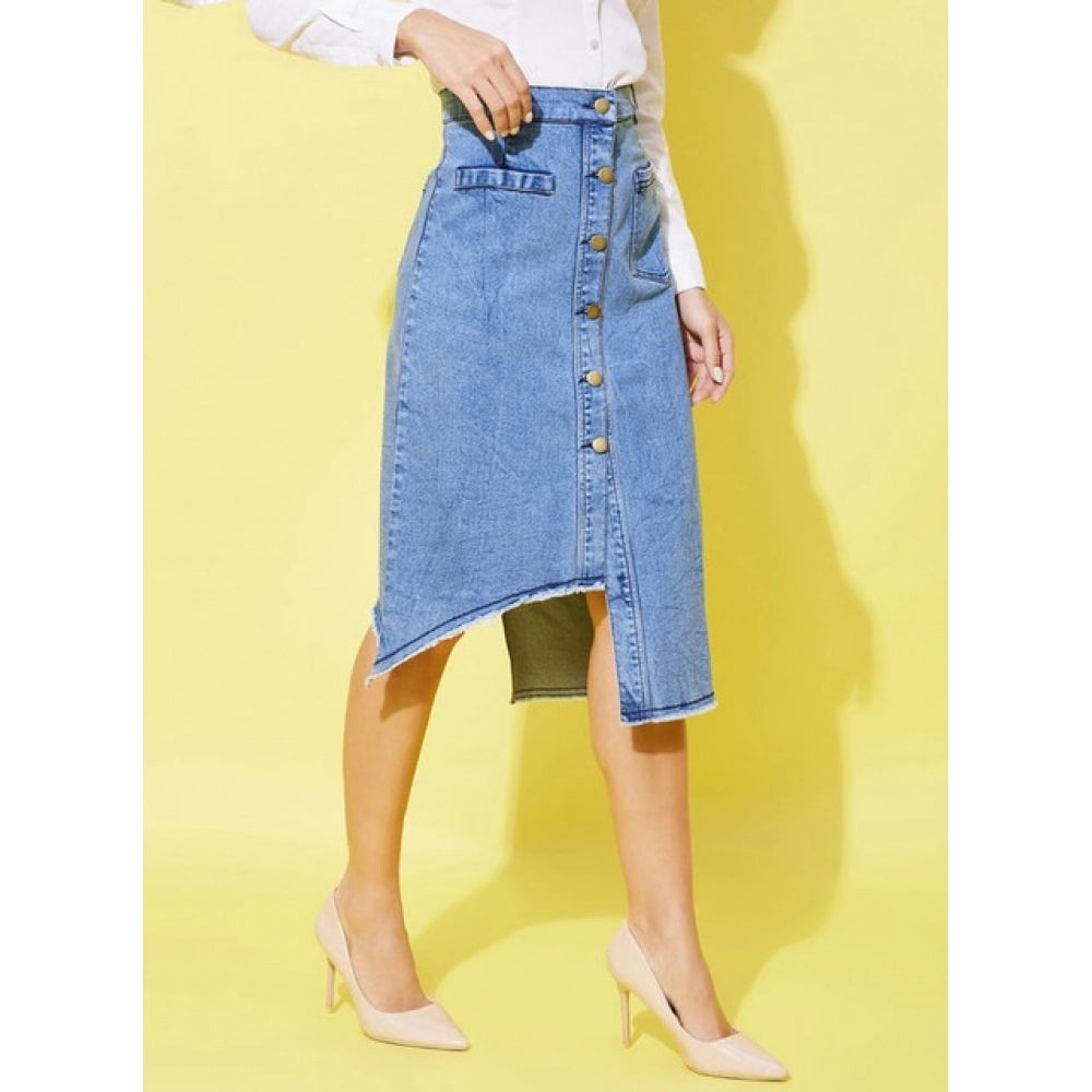 Women'S Denim Hi Lo Buttoned Skirt (Blue)