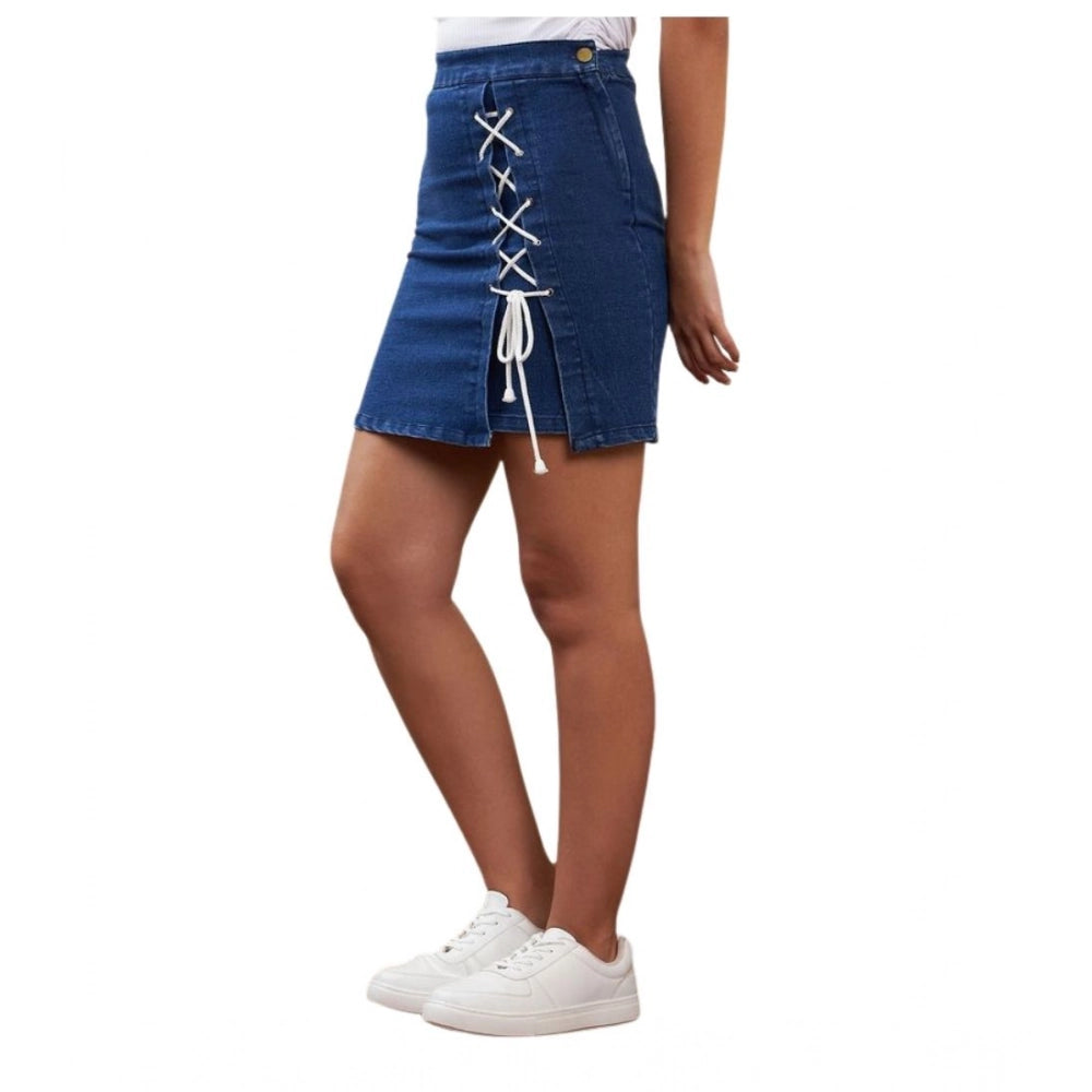 Women's Denim Lycra Solid Button Skirt (Blue) - VANSHELLE