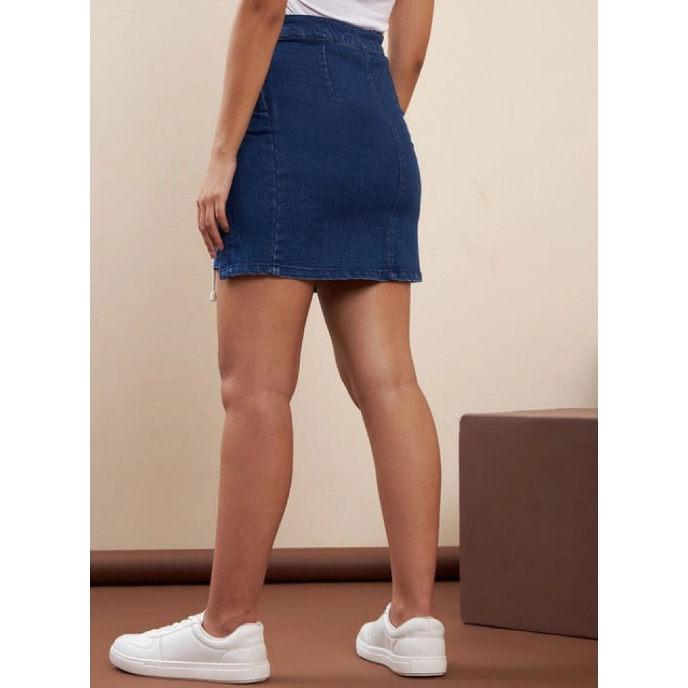 Women's Denim Lycra Solid Button Skirt (Blue) - VANSHELLE