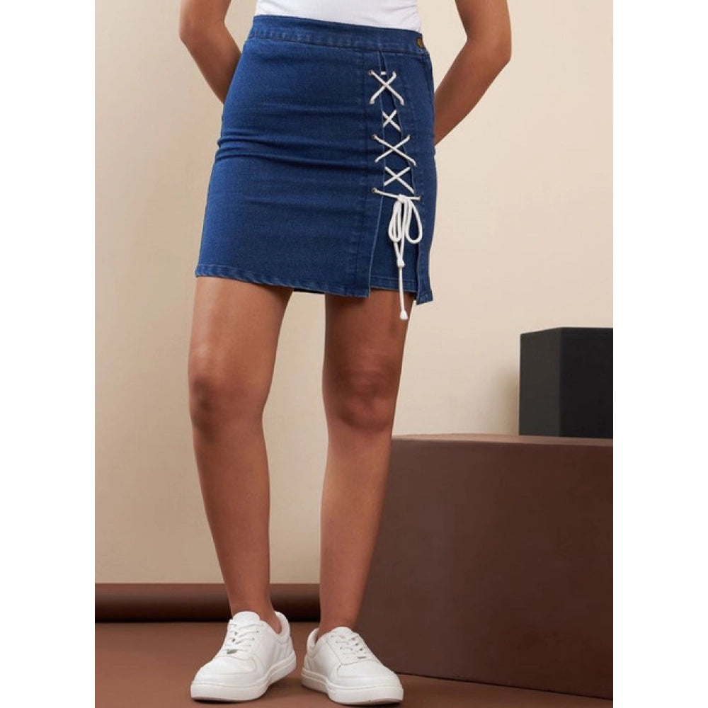 Women's Denim Lycra Solid Button Skirt (Blue) - VANSHELLE