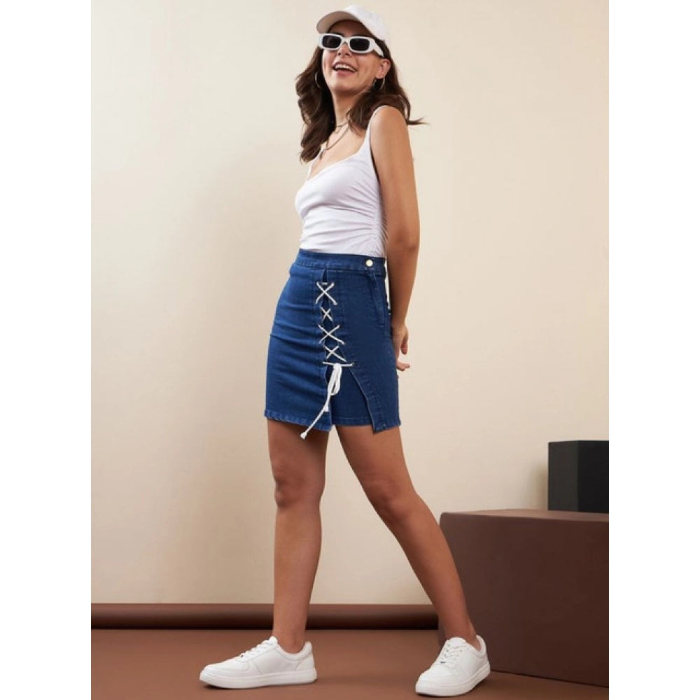 Women's Denim Lycra Solid Button Skirt (Blue) - VANSHELLE