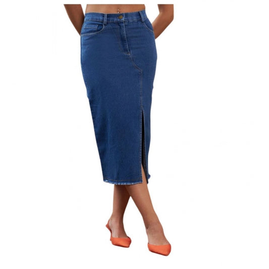 Women's Denim Lycra Solid Button Skirt (Blue) - VANSHELLE