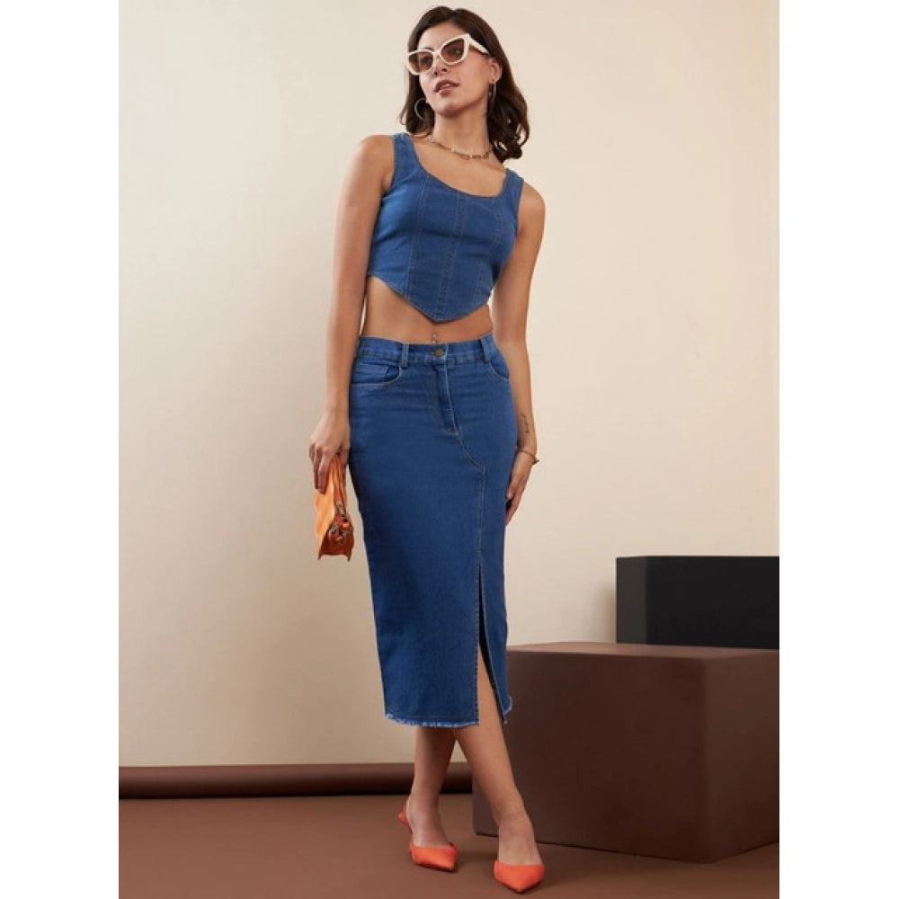 Women's Denim Lycra Solid Button Skirt (Blue) - VANSHELLE