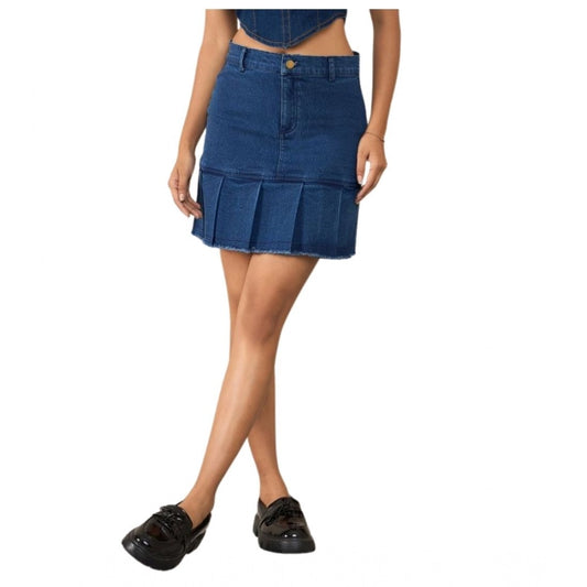 Women'S Denim Washed Buttoned Skirt (Blue)