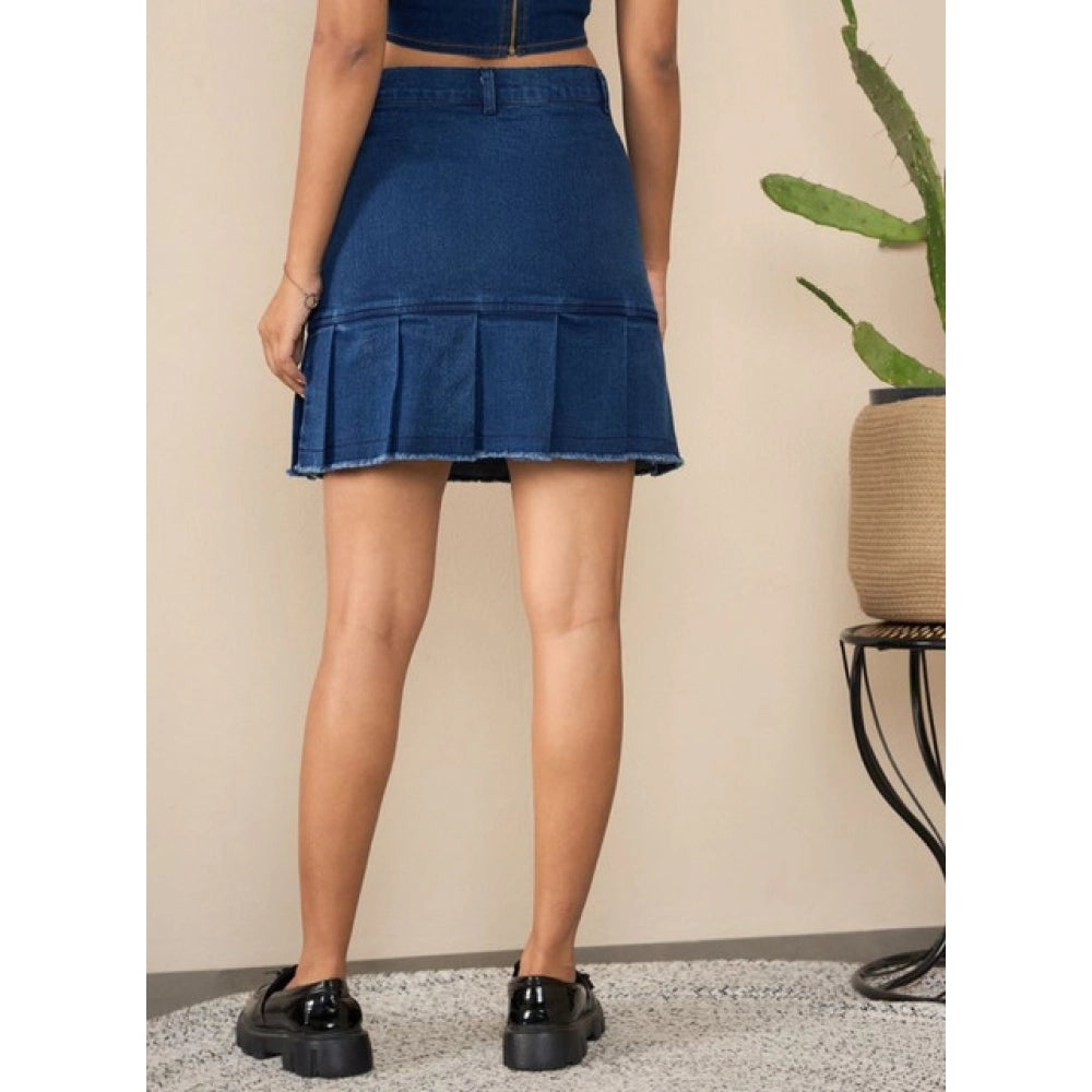 Women'S Denim Washed Buttoned Skirt (Blue)