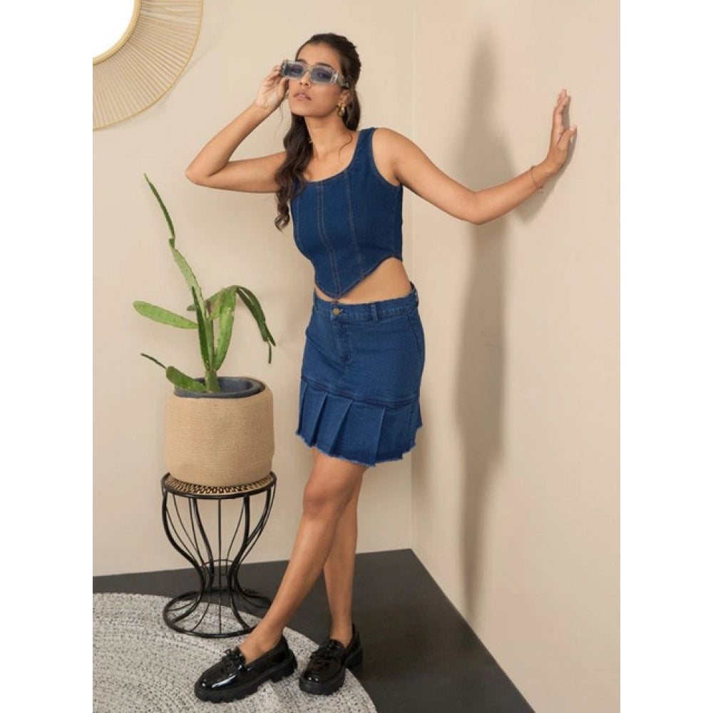 Women'S Denim Washed Buttoned Skirt (Blue)
