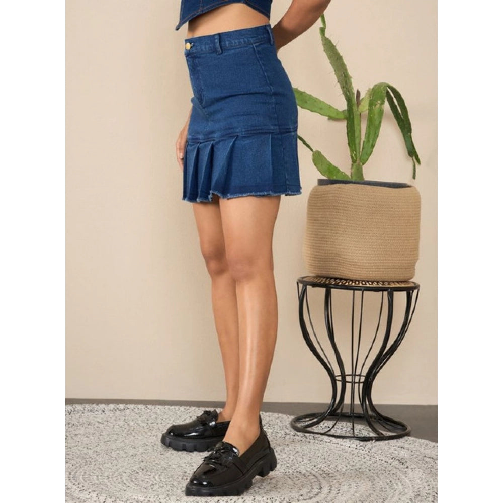 Women'S Denim Washed Buttoned Skirt (Blue)