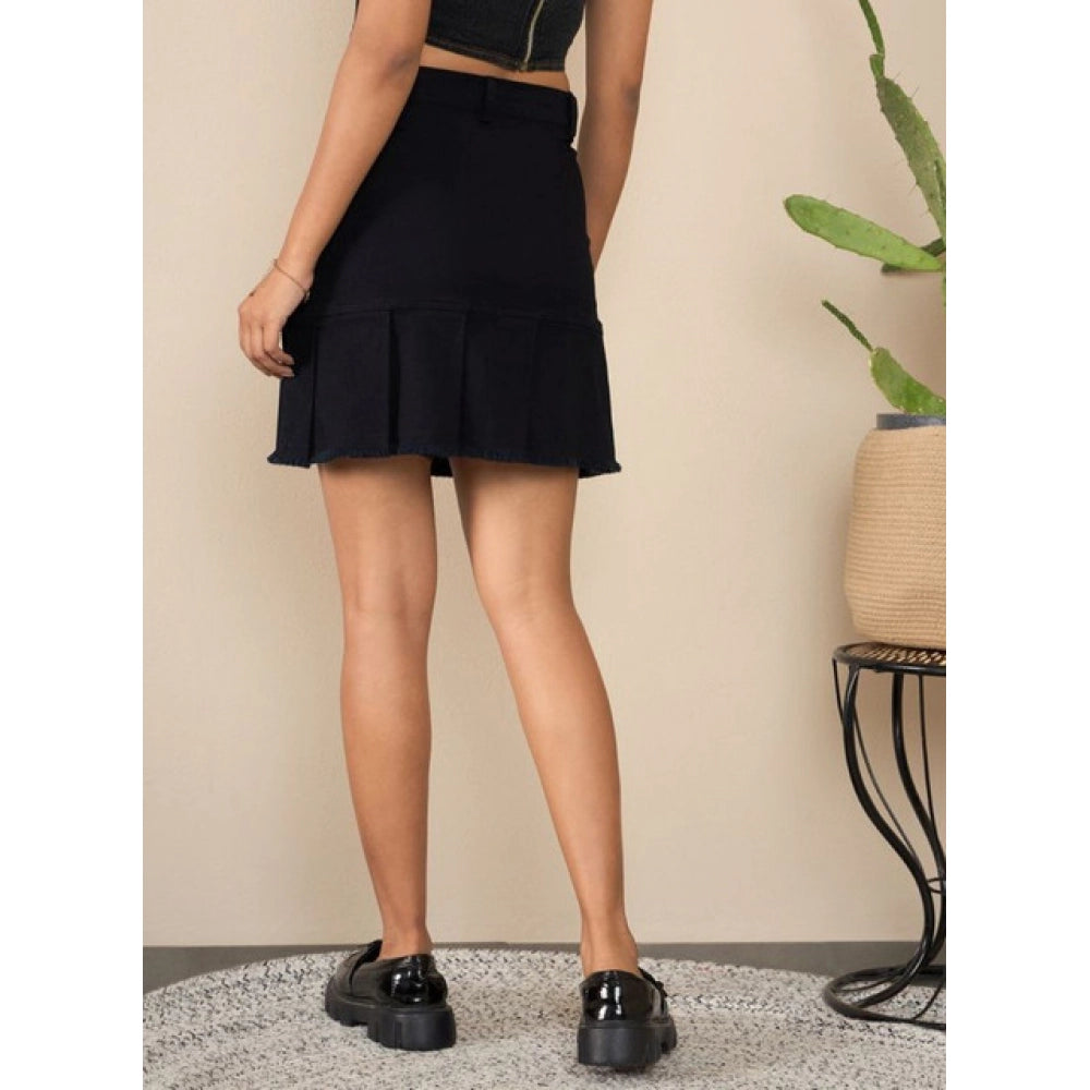 Women'S Denim Washed Buttoned Skirt (Black)