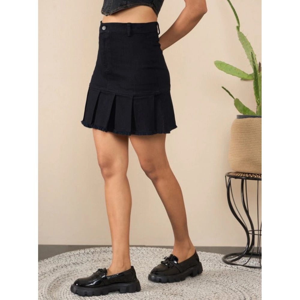 Women'S Denim Washed Buttoned Skirt (Black)