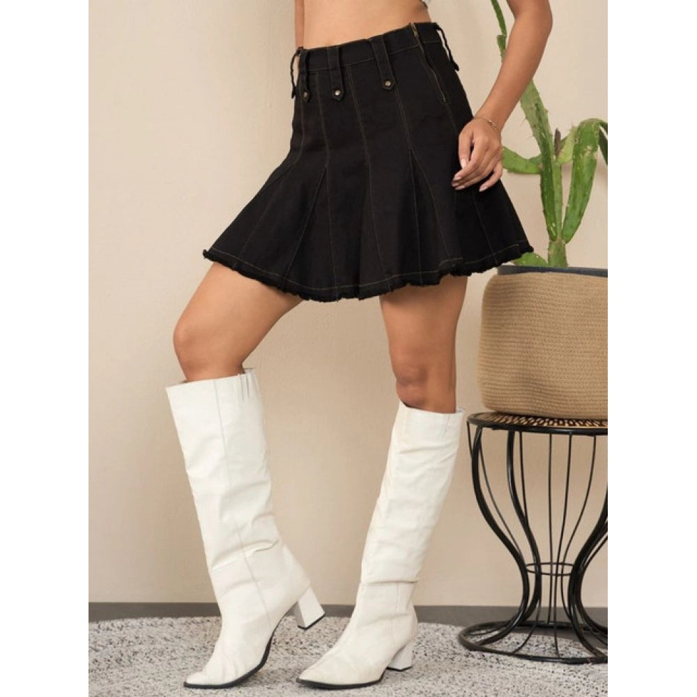 Women's Denim Washed Buttoned Skirt (Black) - VANSHELLE