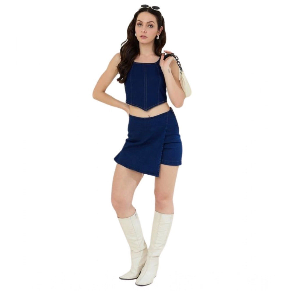 Women'S Denim Lycra Solid Zip Closure Skorts (Navy)