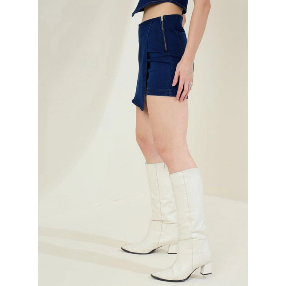 Women'S Denim Lycra Solid Zip Closure Skorts (Navy)
