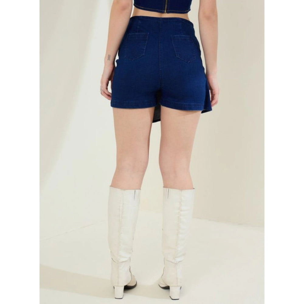 Women'S Denim Lycra Solid Zip Closure Skorts (Navy)