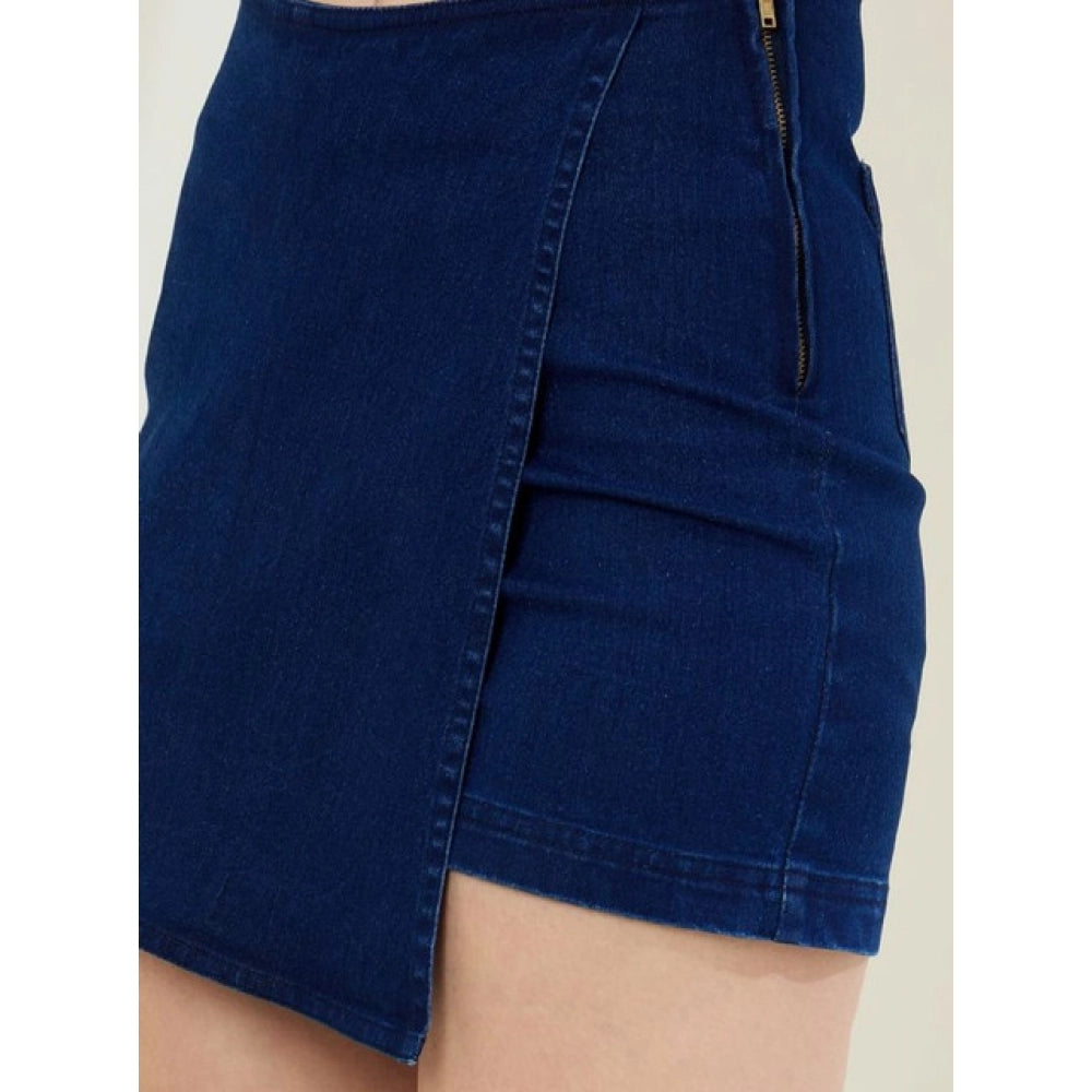 Women'S Denim Lycra Solid Zip Closure Skorts (Navy)