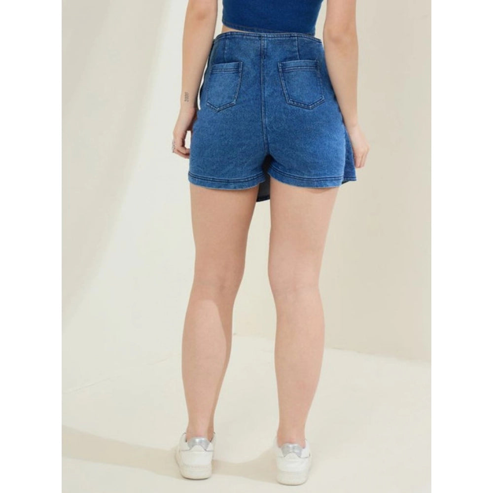 Women'S Denim Lycra Solid Zip Closure Skorts (Blue)