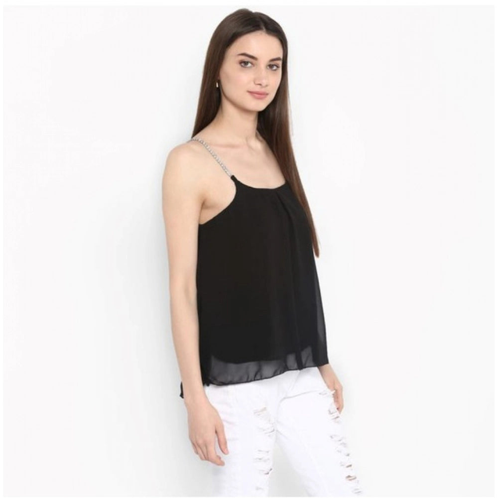 Women'S Polyester Embellished Shoulder Straps Top (Black)