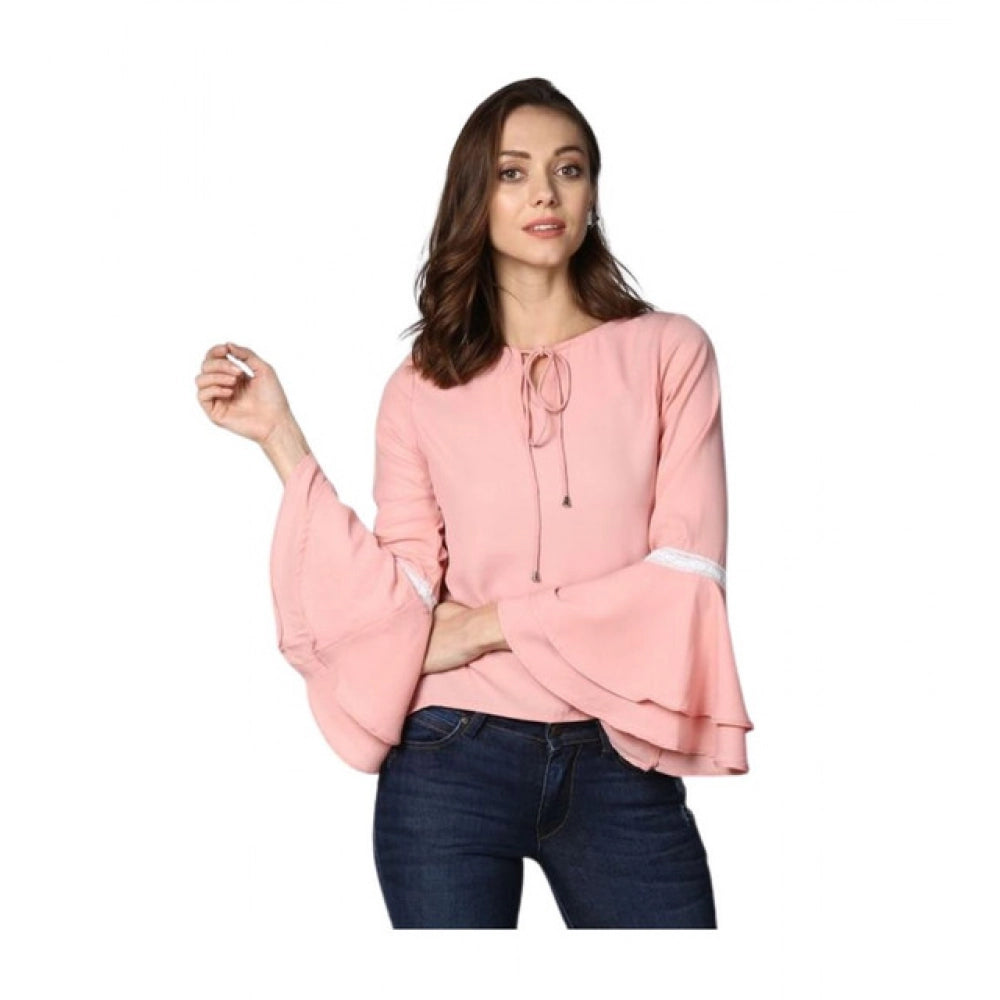 Women'S Polyester Solid Bell Sleeve Top (Pink)