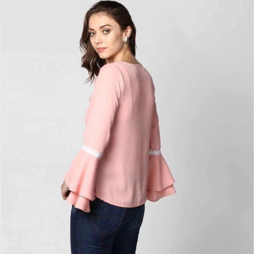 Women'S Polyester Solid Bell Sleeve Top (Pink)