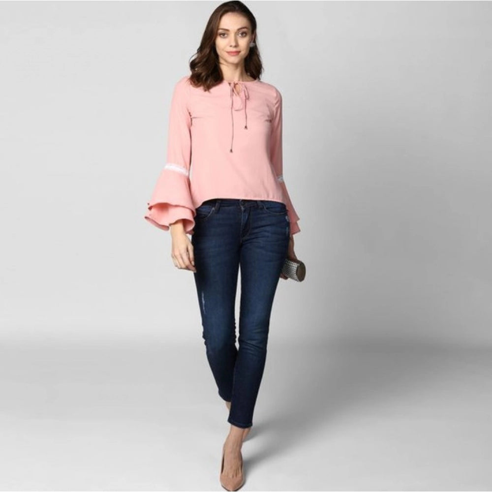 Women'S Polyester Solid Bell Sleeve Top (Pink)