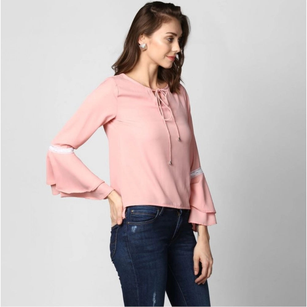 Women'S Polyester Solid Bell Sleeve Top (Pink)