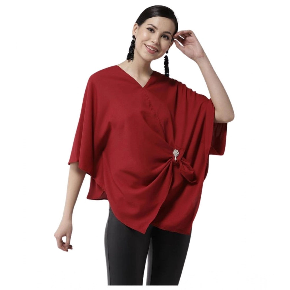 Women'S Polyester Solid Cape Sleeve Top (Red)