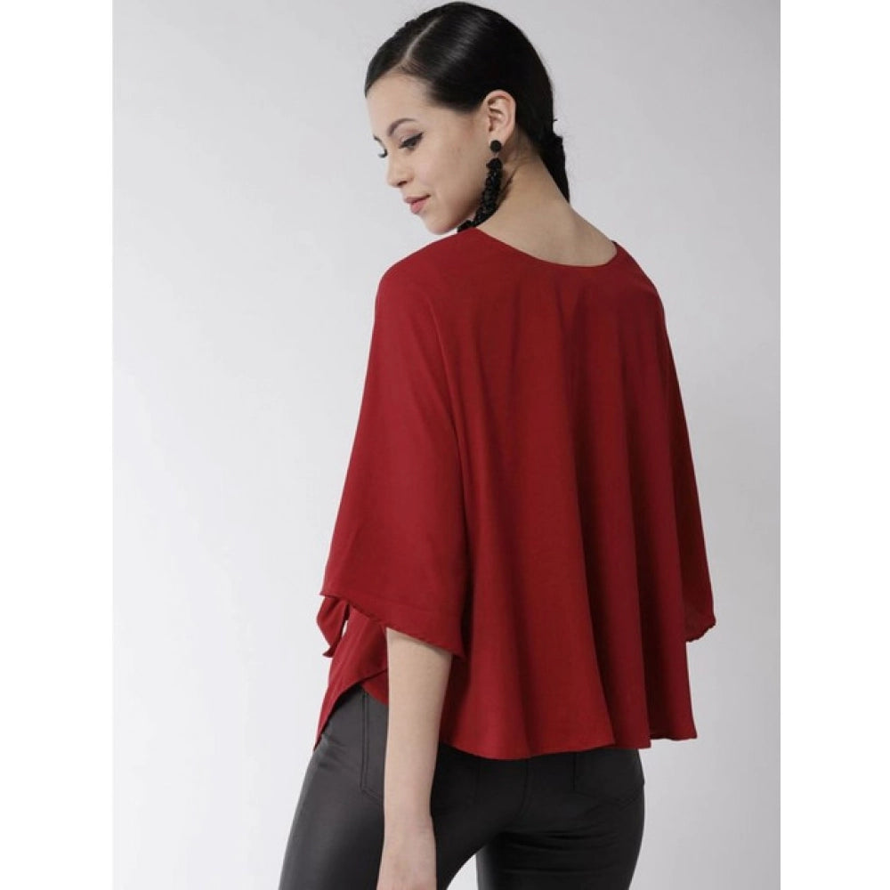 Women'S Polyester Solid Cape Sleeve Top (Red)