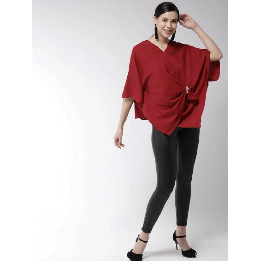 Women'S Polyester Solid Cape Sleeve Top (Red)