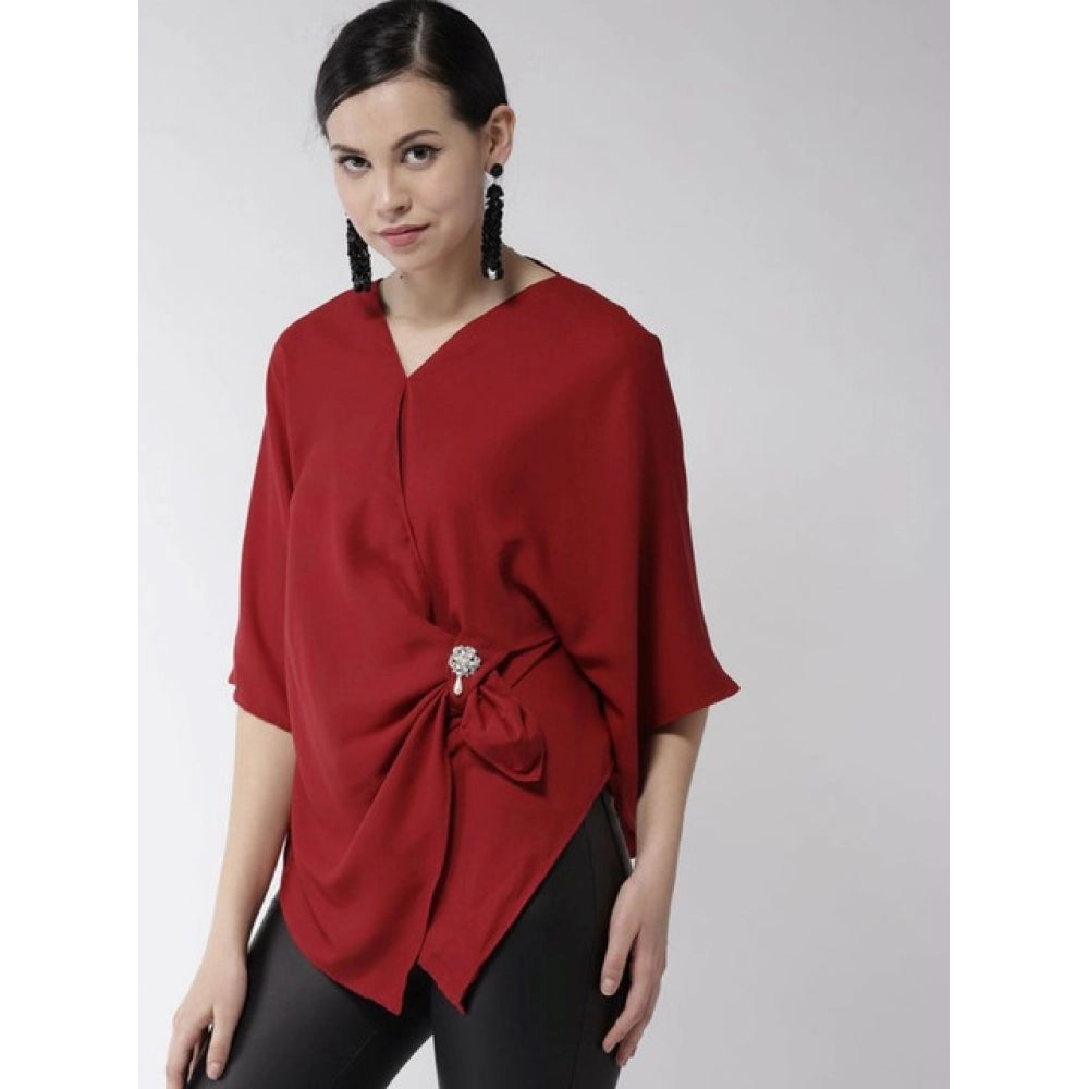 Women'S Polyester Solid Cape Sleeve Top (Red)