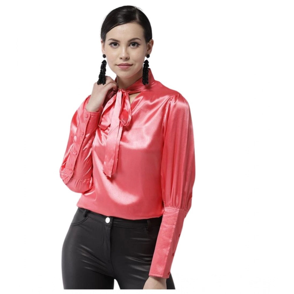 Women'S Polyester Solid Long Sleeves Top (Coral)