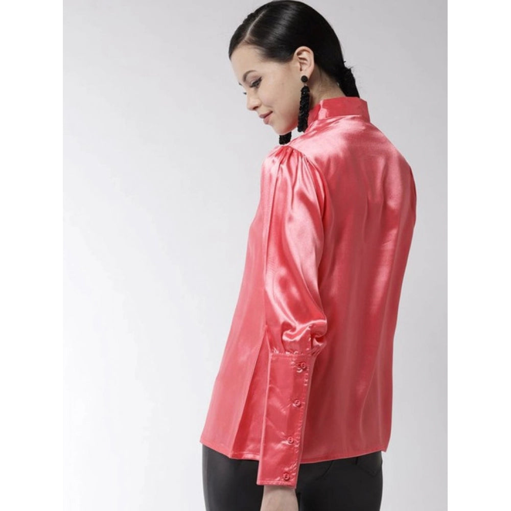 Women'S Polyester Solid Long Sleeves Top (Coral)