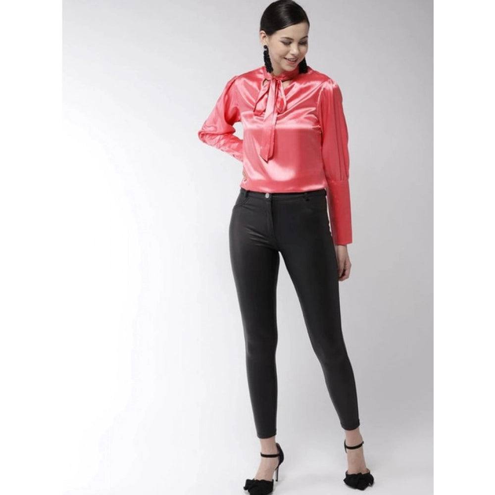 Women'S Polyester Solid Long Sleeves Top (Coral)