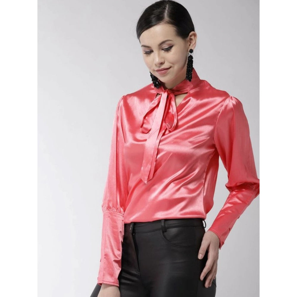 Women'S Polyester Solid Long Sleeves Top (Coral)