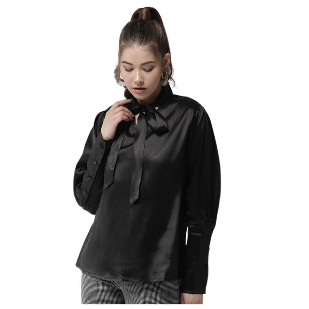 Women'S Polyester Solid Long Sleeves Top (Black)