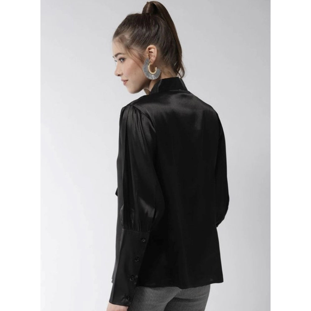 Women'S Polyester Solid Long Sleeves Top (Black)