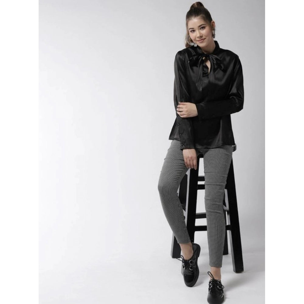 Women'S Polyester Solid Long Sleeves Top (Black)